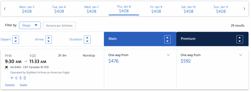 PHX- EGE cash fare on American 